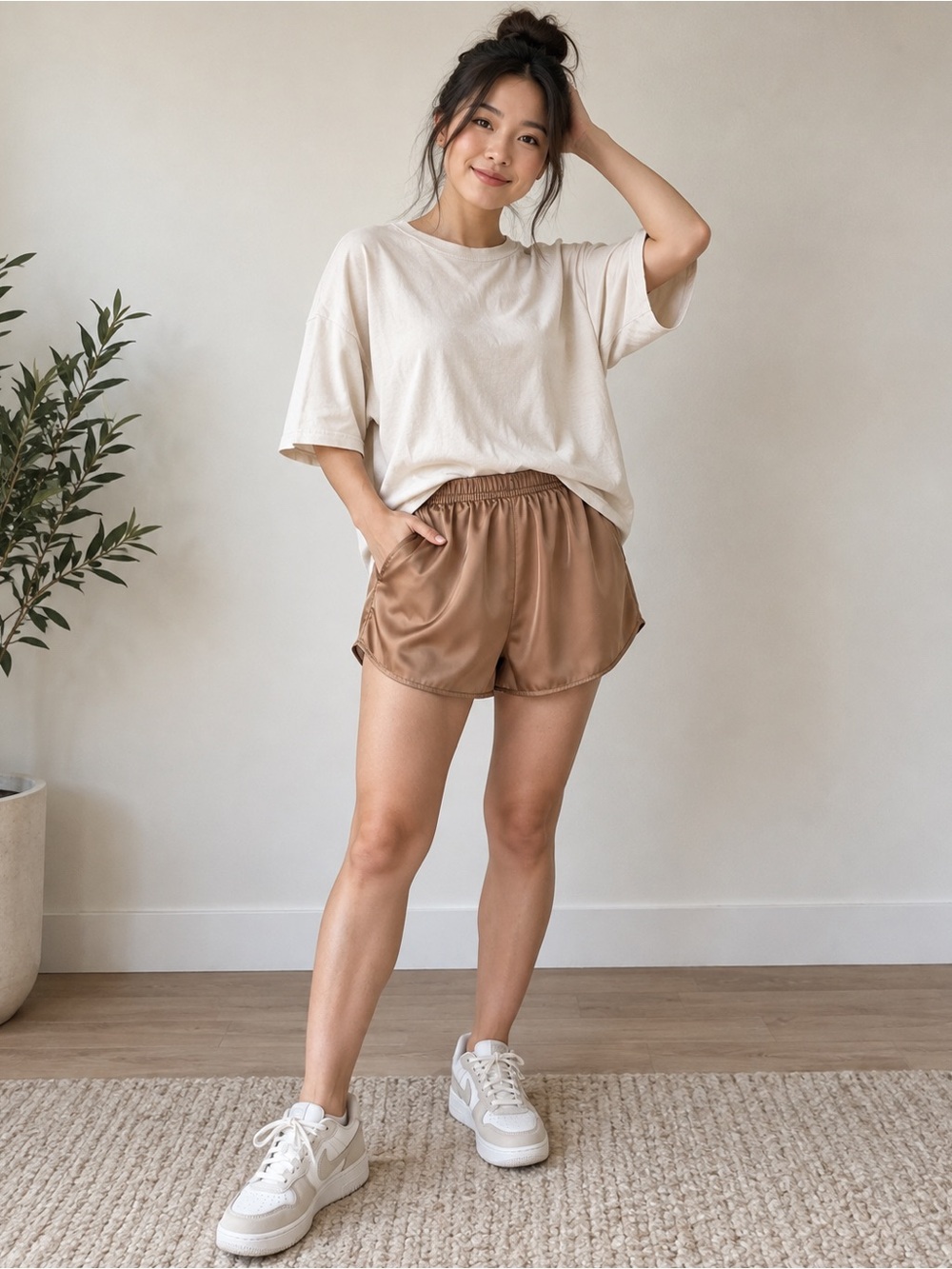 2-Pair Silky Satin Shorts Mint & Brown Elastic Waist Pockets | 3 for $20